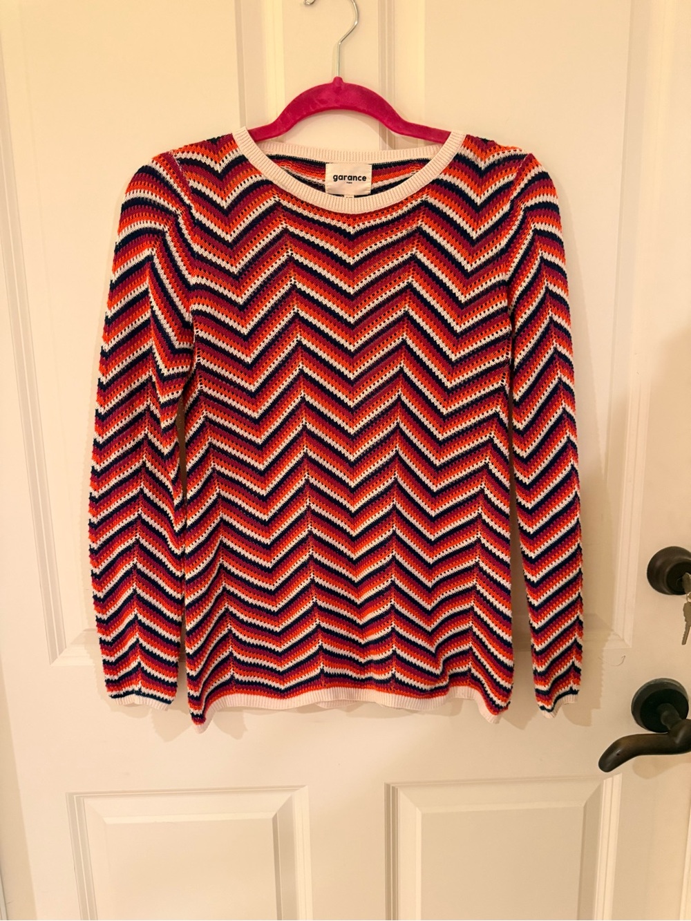 Garance S/M Chevron Knit Long-Sleeve Top in pink, orange, navy, cream